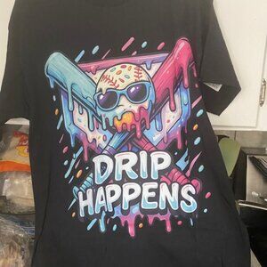 Gildan T-shirt Black with THE DRIP Happens Colorful Baseball Theme NWOT Size Lge